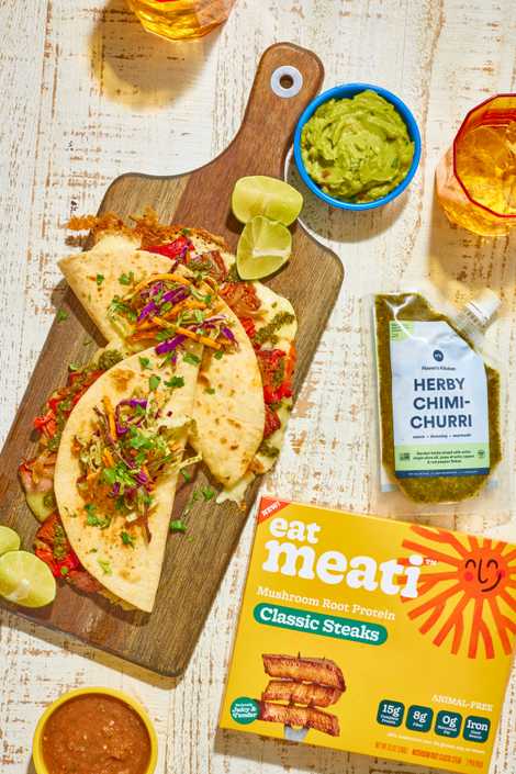 Meati™ Classic Steak Herby Chimichurri Quesadilla with Caramelized Onions and Chimi Slaw! recipe